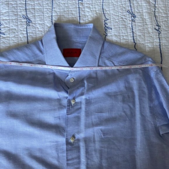 Isaia Men's Blue Pinstripe Dress Shirt in Sz 17 EUC - Picture 9 of 15